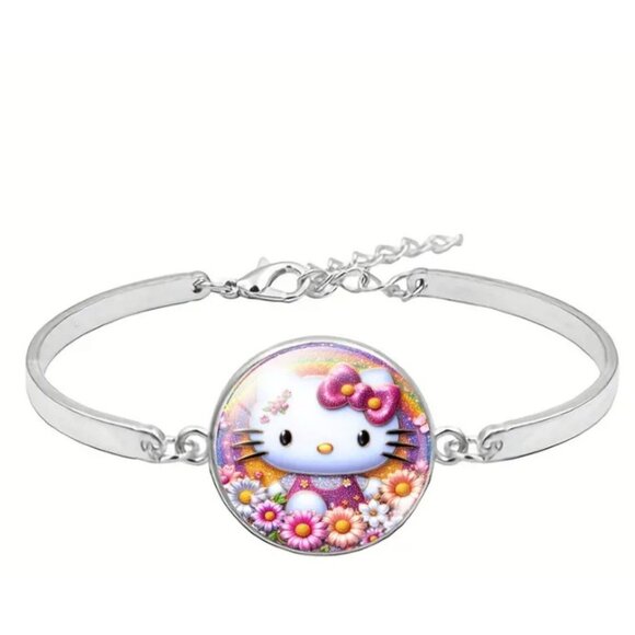 Hello Kitty 3Pc Jewelry Set Silver Pink Flower Accent Charm Bracelet Necklace - Picture 4 of 5